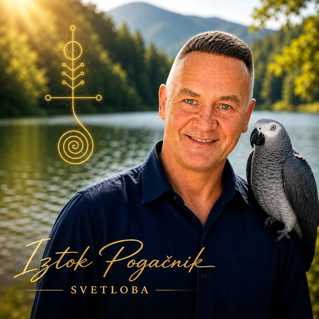 Iztok Pogačnik ob jezeru s svojim papagajem